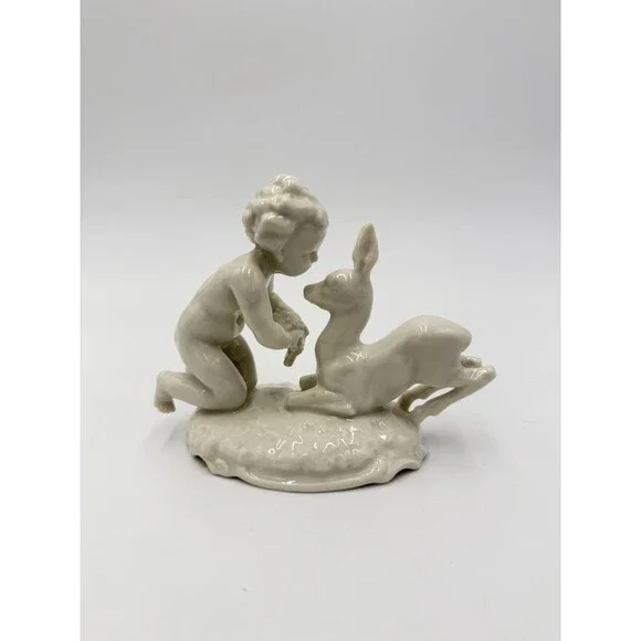 Hutschenreuther Kunstabteilung Putto w/Fawn German Porcelain Figurine Vtg 4”H